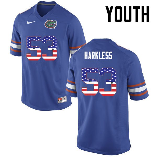 Florida Gators Youth #53 Kavaris Harkless College Football USA Flag Fashion Blue